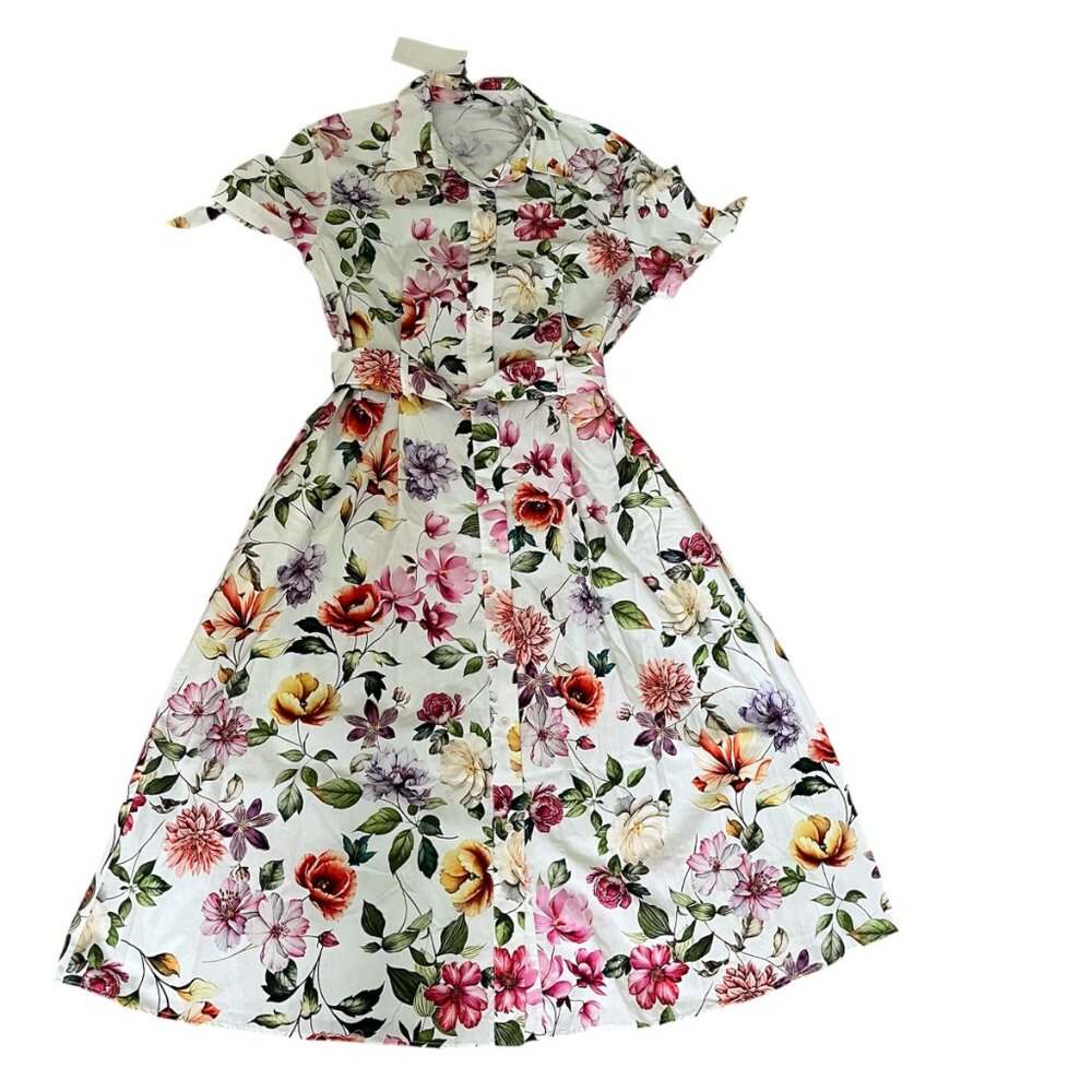 ZARA Women's Midi Dress Size XL Cotton Poplin Print Tie Sleeves Belted Floral - Picture 11 of 12